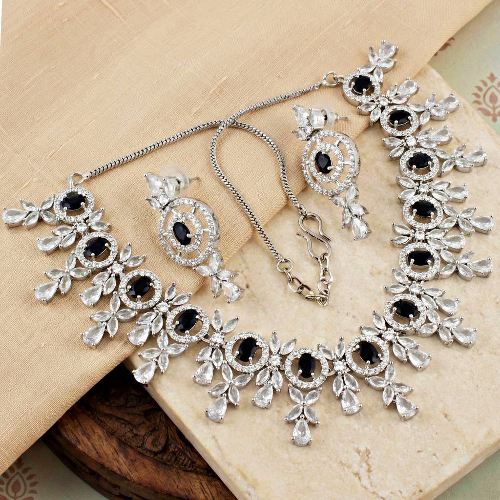 Silver-Tone American Diamond Necklace Set With Earrings For Women – Office, Party & Wedding Wear : 1717-K4SA-2242-BL-S