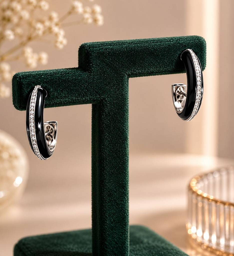 Premium Diamond Studded Black Enamel Women’S Hoop Earrings : 100041