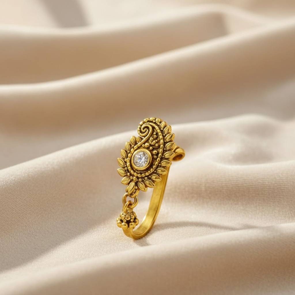 Traditional Leaf Motif Clip-On Nose Pin 925 Sterling Silver Yellow Plated : CNP-0031