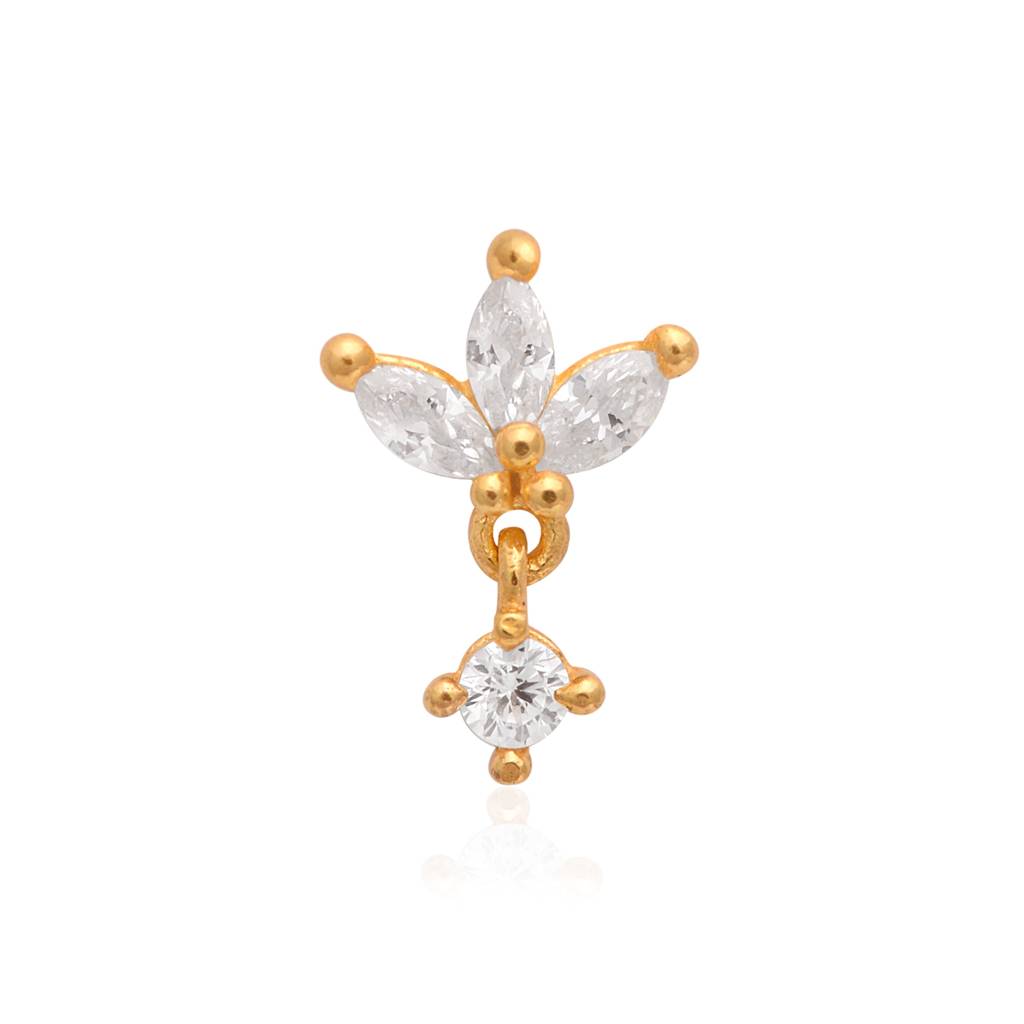 White Cz Leaf Cluster Nose Pin - Sterling Silver Gold Plated : NP-00182_SW277_925S_YG