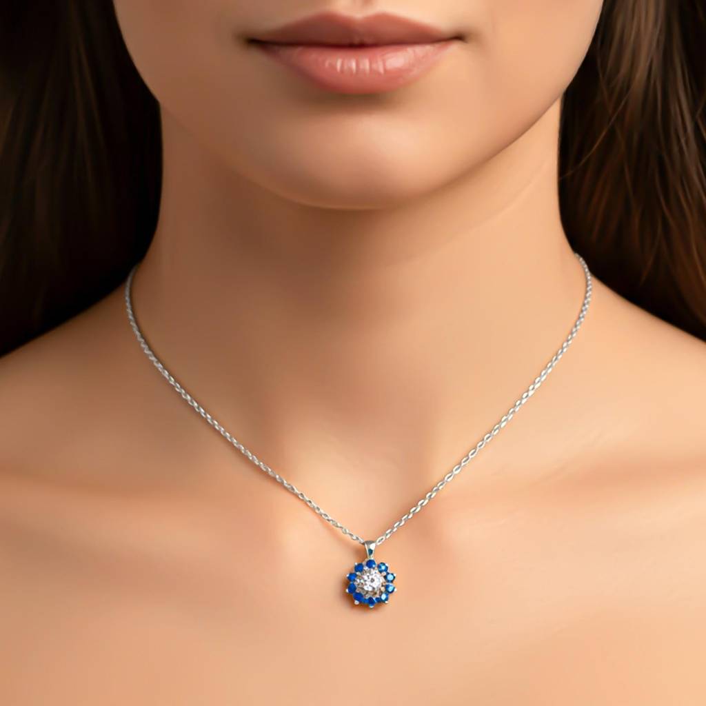 Silver Blue Sapphire Floral Halo Pendant : ZLP-1173