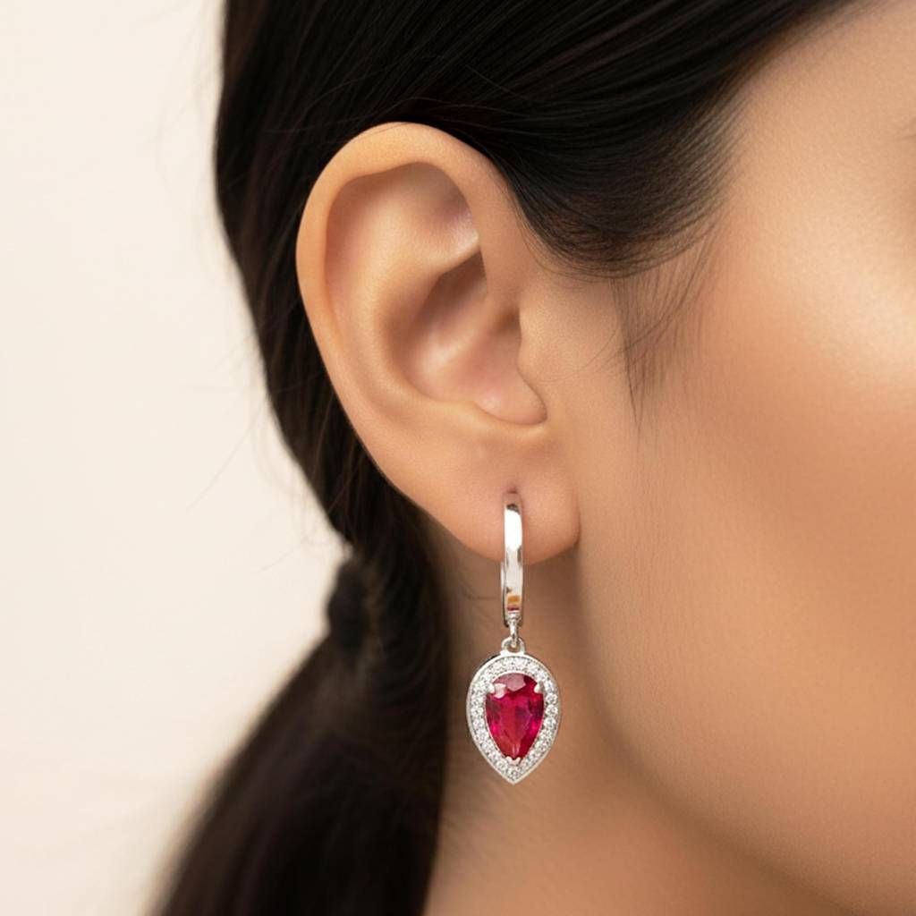925 Silver Red Cz Teardrop Dangle Hoop Earrings : SE_000942