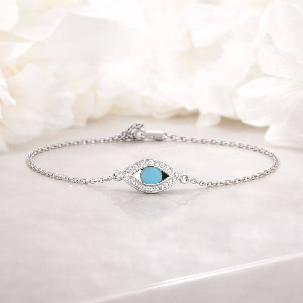 Twenty One Jewels Pure 925 Silver Evil Eye Brother Bhabhi Rakhi Bracelet Combo Set : TB4183_E