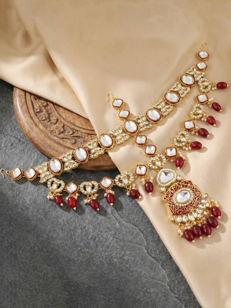 Traditional Kundan White Stone Jewellery Set For Women | Maroon Meenakari Gold Plated  Ethnic Necklace Set W : 4125-IZR-2414-M