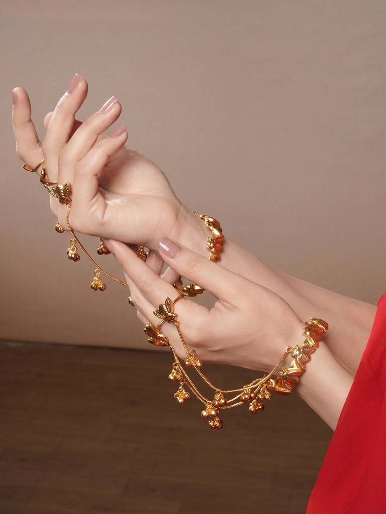 Set Of 2 22K Gold Plated Honey Bee Ghungroo Multi Chain Hand Harness Adjustable Cuff Bracelet Hathphool : SJHP3005