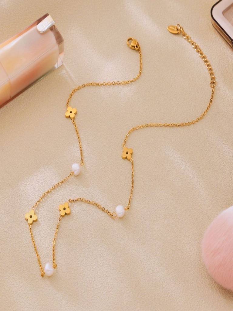 Set Of 2,18Kplated Waterproof Antitarnish Clover Pearl Charm Necklace & Bracelet : ALL0725NB241C2