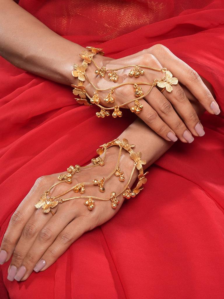 Set Of 2 22K Gold Plated Kashmiri Ghungroo Butterfly Bracelet Hathphool : SJHP3001