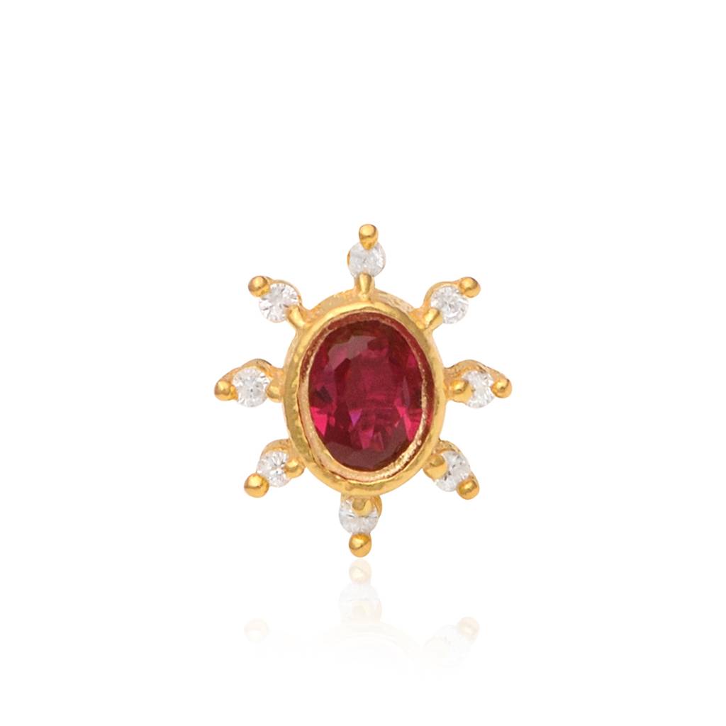 Red Cz Oval Sunburst Ethnic Nose Pin 925 Sterling Silver Gold Plated : NP-00200_RedCZ