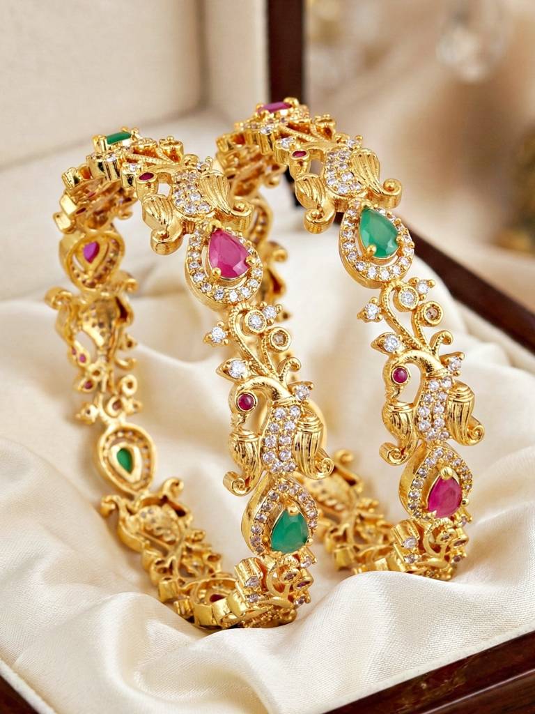 Gold Plated Laxmi Ji Idol Ad Floral Bangle For Women With Pink & Green Stones | Ethnic Wedding Festive K : 1243-C1BG-2219-2-24