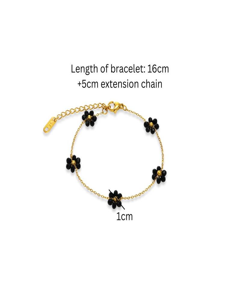 Black Floral Beads Waist Chain & Bracelet Set, 18K Plated Waterproof Antitarnish : ADZ0925WCB71C2