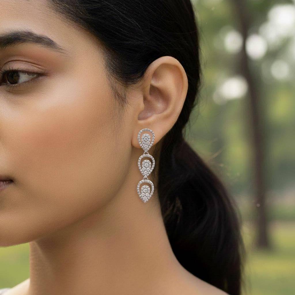 925 Silver Triple Teardrop Cz Dangle Earrings Bridal : SE_000962