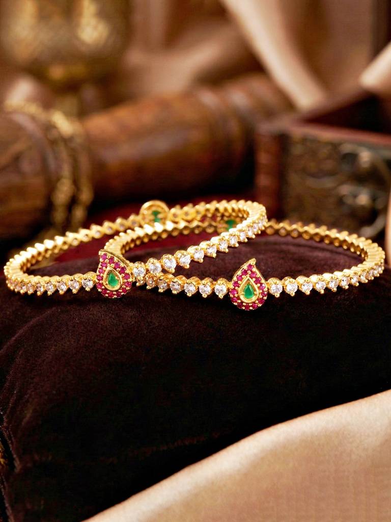 Gold Plated Ad Stone Bangle For Women With Pink & Green Paisley Motif | Elegant Ethnic Wedding Festive Ka : 873-C1BG-2208-2-24