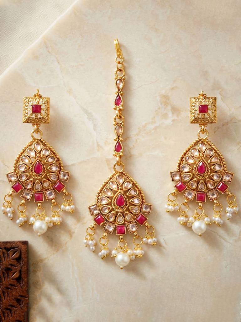 Gold-Plated Traditional Choker Necklace Set With Earrings & Maang Tikka For Women | Ruby Color Ethnic Bridal  : 866-G2SR-006-R