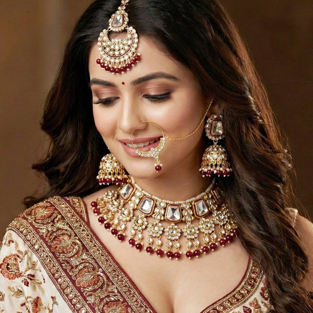 18 Kt Gold Plated Bridal & Semi-Bridal Necklace Set With Earrings, Maang Tikka & Nath : 2476-M8SK-1101-M