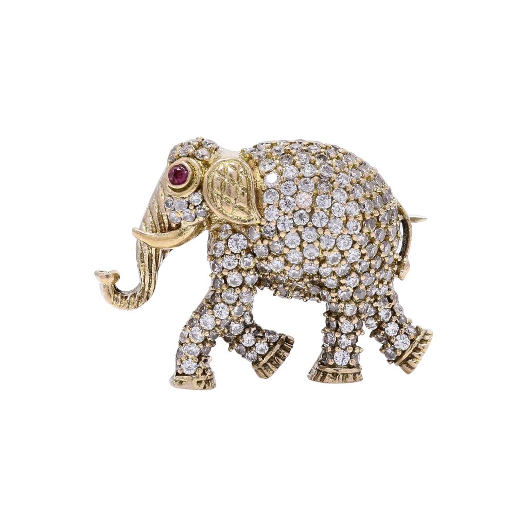 Antique Gold Finish Diamond Studded Elephant Unisex Brooch With Ruby Detailing : 900010