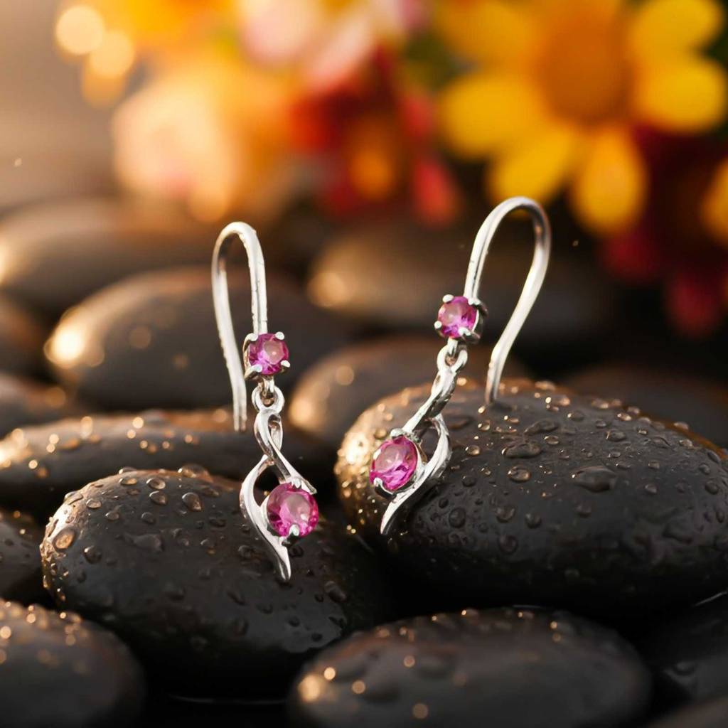 Silver Pink Ruby Twist Drop Earrings : ZLE-1188