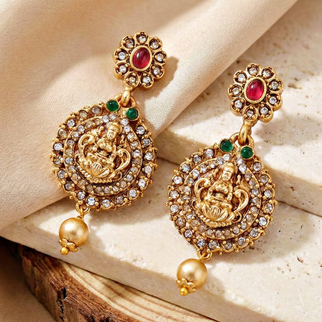 Traditional Antique Gold-Tone Temple Set With Goddess Lakshmi Pendant & Earrings. Designer Necklace With Rub : 1122-ISR-2179-R