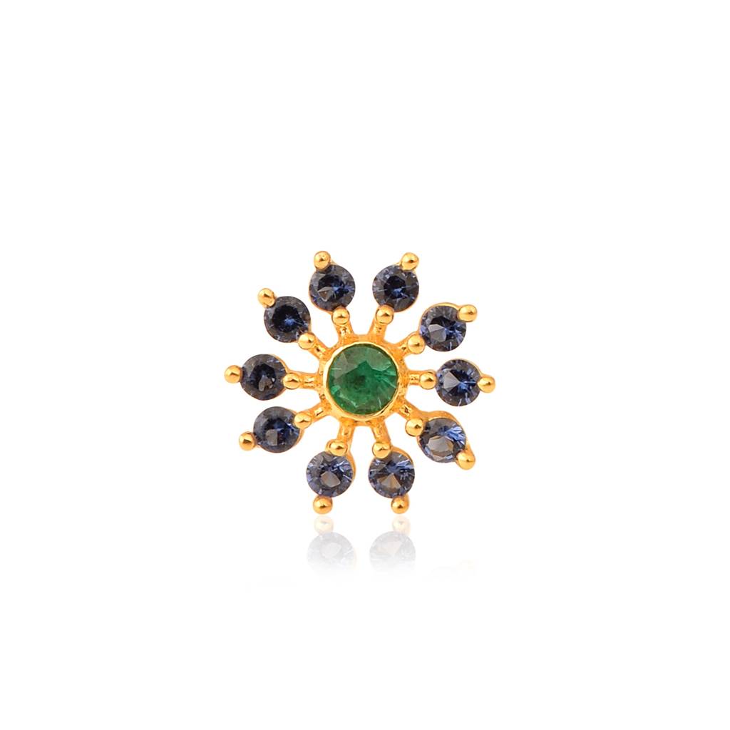 Green Cz & Blue Cz Sunburst Floral Nose Pin - Gold Plated Sterling Silver : NP-00030_925S_W_GZ