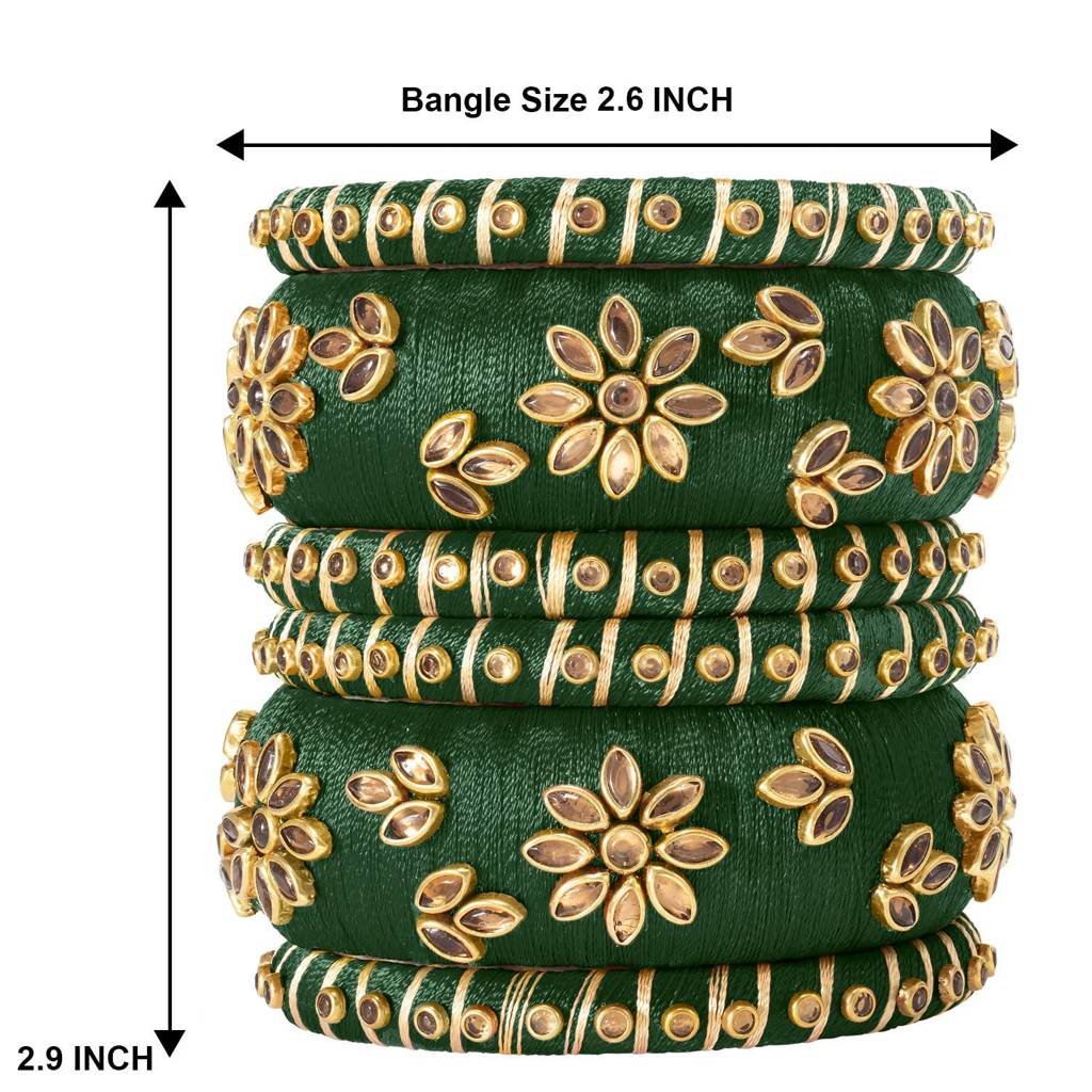 Peora Silk Thread Matching Golden Floral Decorative Chuda Chura Bangle Set For Women : PF51B69G