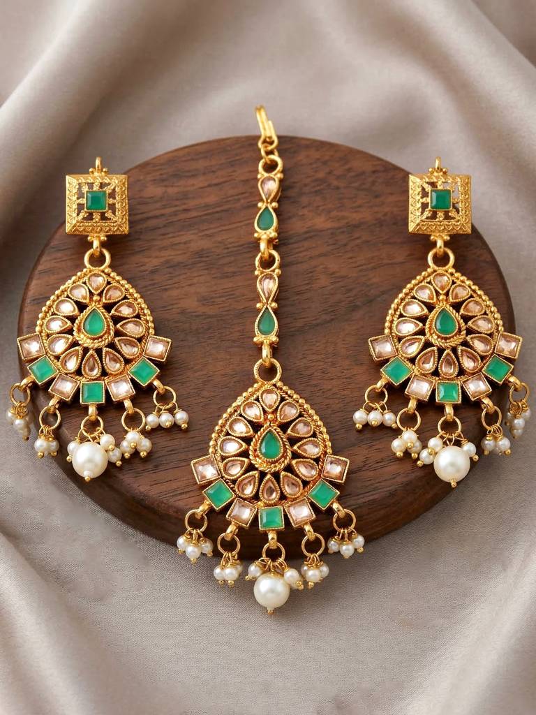 Gold-Plated Choker Necklace Set With Earrings & Maang Tikka For Women | Green Color Traditional Bridal Jewell : 866-G2SR-006-G