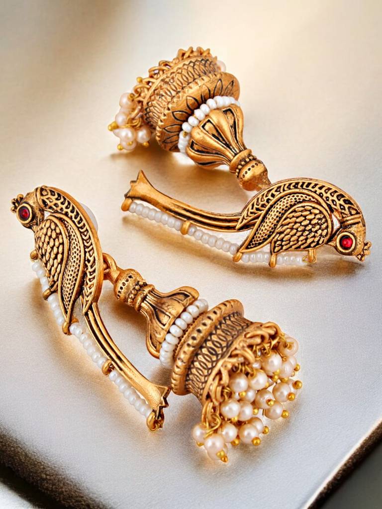Celebrity-Inspired Oxidised Gold Jhumki For Girls & Women | Black Metal Jhumkee Set : 377-KEO-13740-W