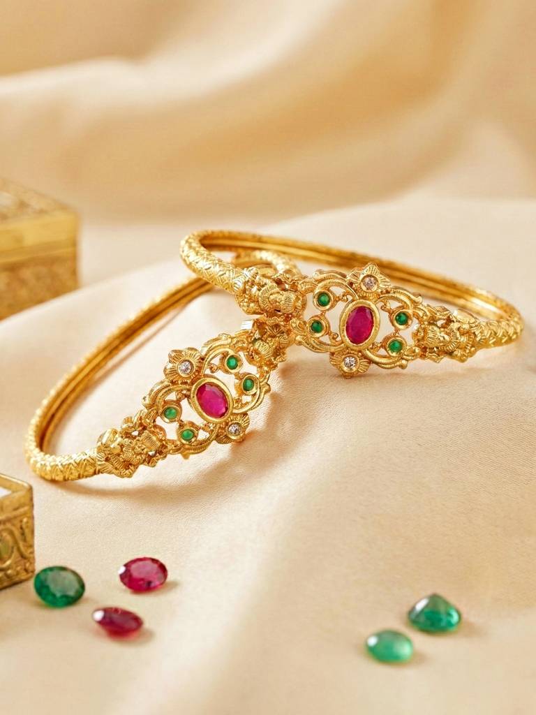 Gold Plated Traditional Temple Design Bangle For Women With Pink Center Stone & Green Beads | Ethnic Brid : 568-C1BG-2194-2-24