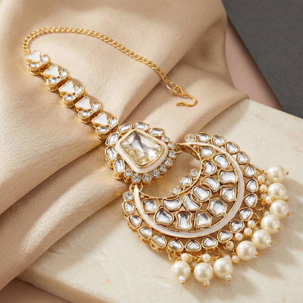 18 Kt Gold Plated Bridal & Semi-Bridal Necklace Set With Earrings, Maang Tikka & Nath : 2476-M8SK-1101-W