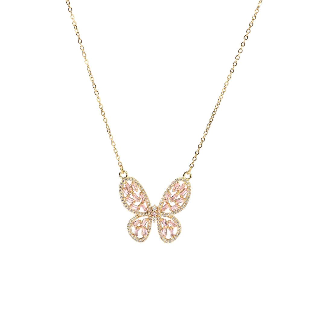 Irene Baguette Gold Butterfly Necklace : NS13791-G-PNK