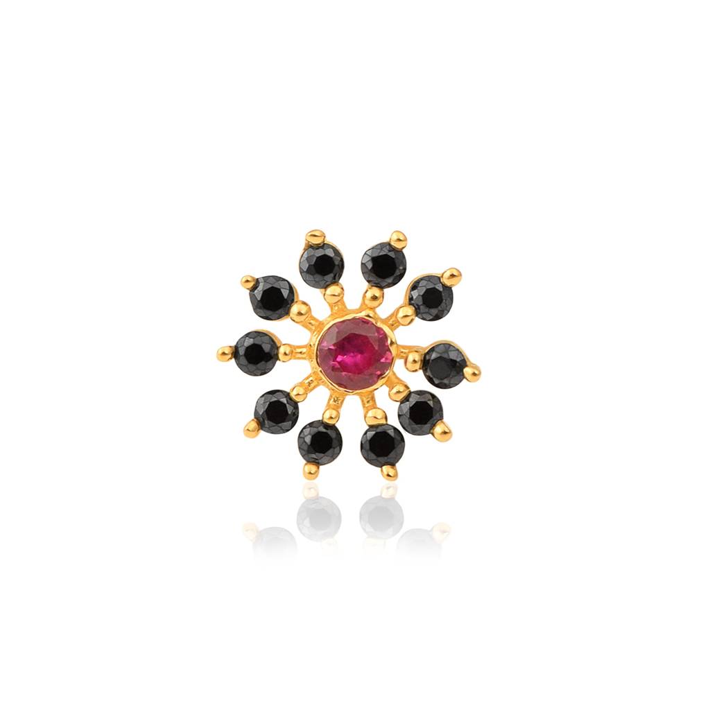 Red Cz & Black Spinel Style Cluster Floral Nose Pin - Gold Plated Sterling Silver : NP-00030_925S_W_RCZ
