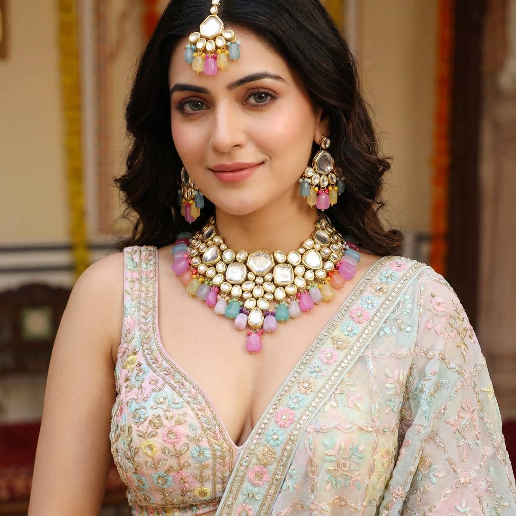 18 Kt Gold Plated Bridal & Semi-Bridal Necklace Set With Earrings & Maang Tikka : 4997-J5SK-1574-MT