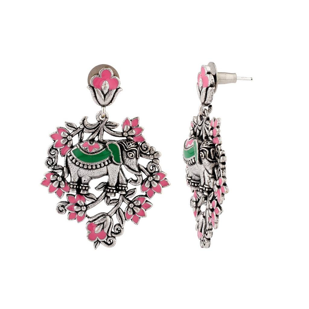 Madhubani Gajraj Garden Oxidised Enamel Necklace Set : 8905124560763