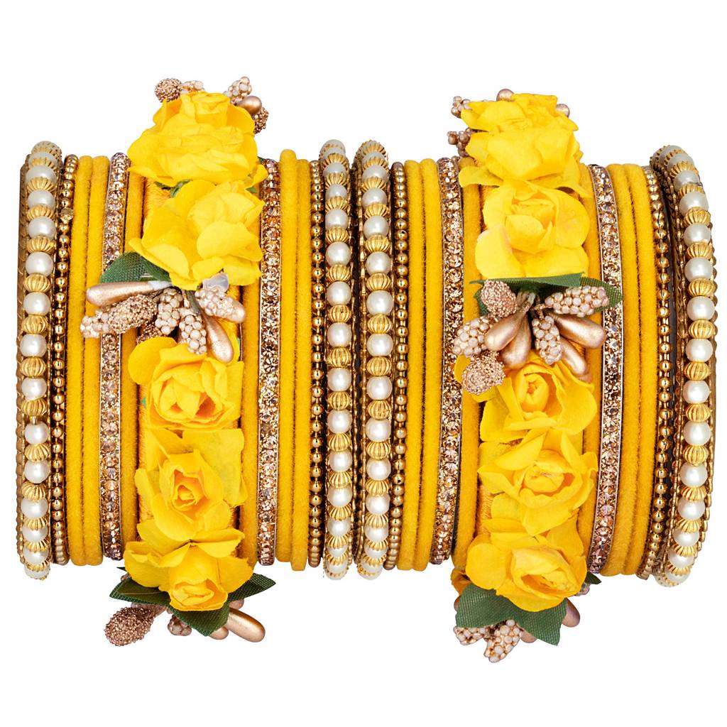Golden Rose Flowers Decorative Bangle Set Bridal Chuda Indian Ethnic Jewellery For Women : PF51B22Y