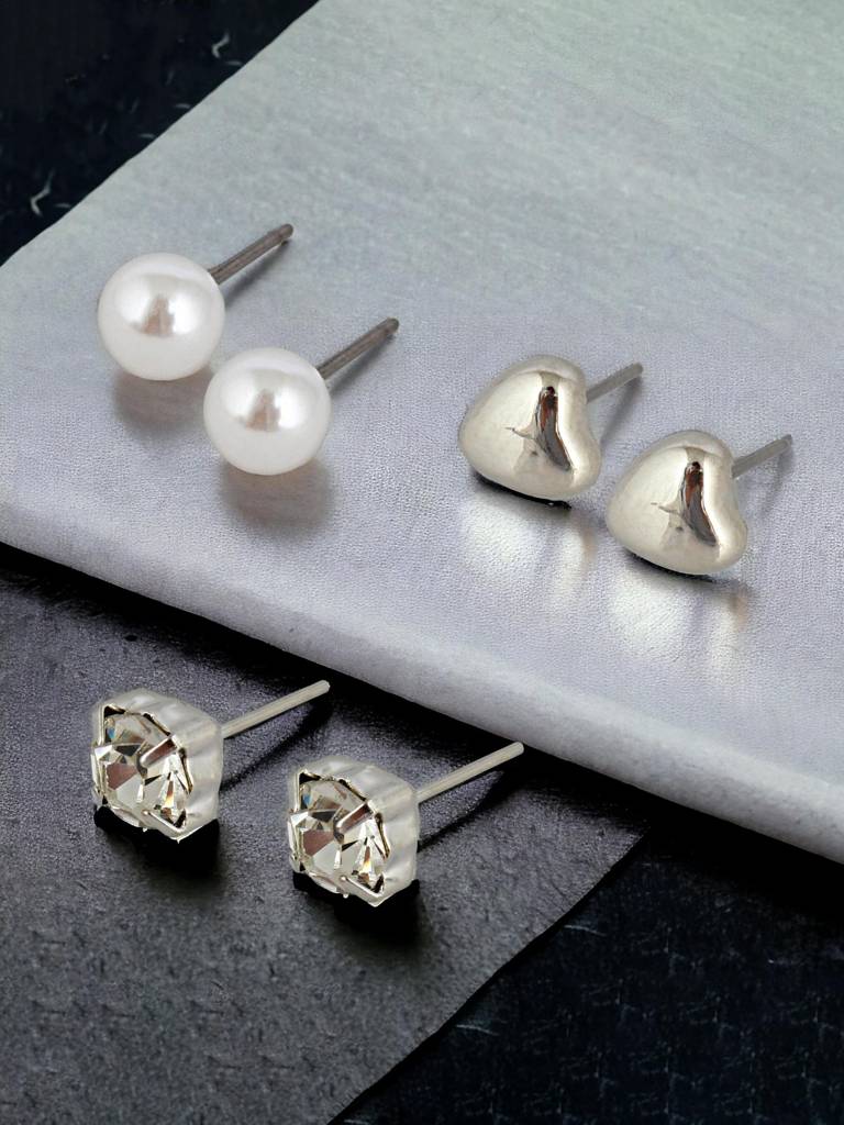 5 Pairs Combo Earrings- Silver Plated Heart Studs And Hoops : 210-CHEX-1189-S-5