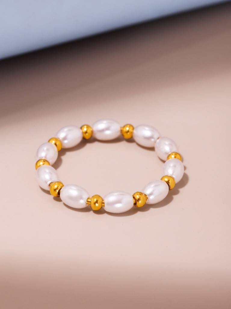 Pearl Bead Stacking Ring For Women Anti-Tarnish Waterproof 18K Gold Plated : ALL1125R025_8