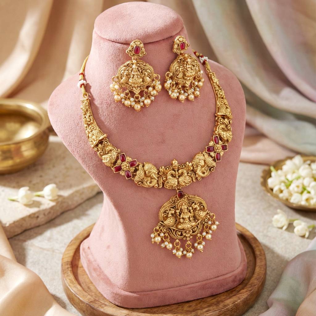 Traditional Antique Gold-Tone Temple Jewellery Set With Goddess Lakshmi Pendant & Earrings | Choker Style Ne : 1122-ISR-2178-R