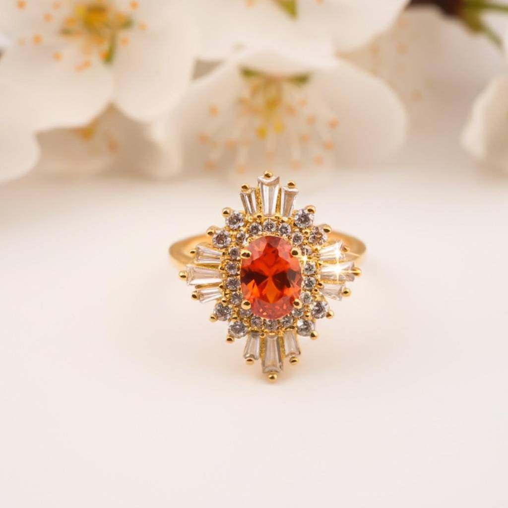 Silver Red Ruby Sunburst Halo Ring : ZLR-1214-10