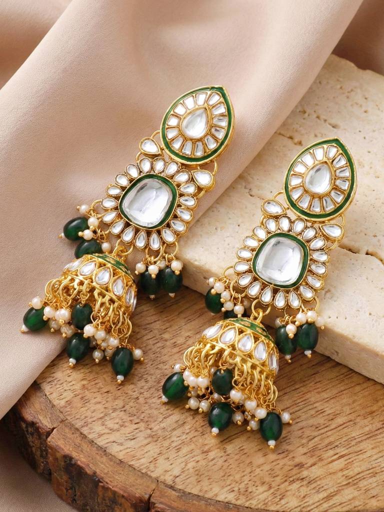 Bridal Kundan Necklace Jewellery Set For Women | Green Meenakari Gold Plated Ethnic Jewellery With Jhumk : 4125-IZR-005-G-2026