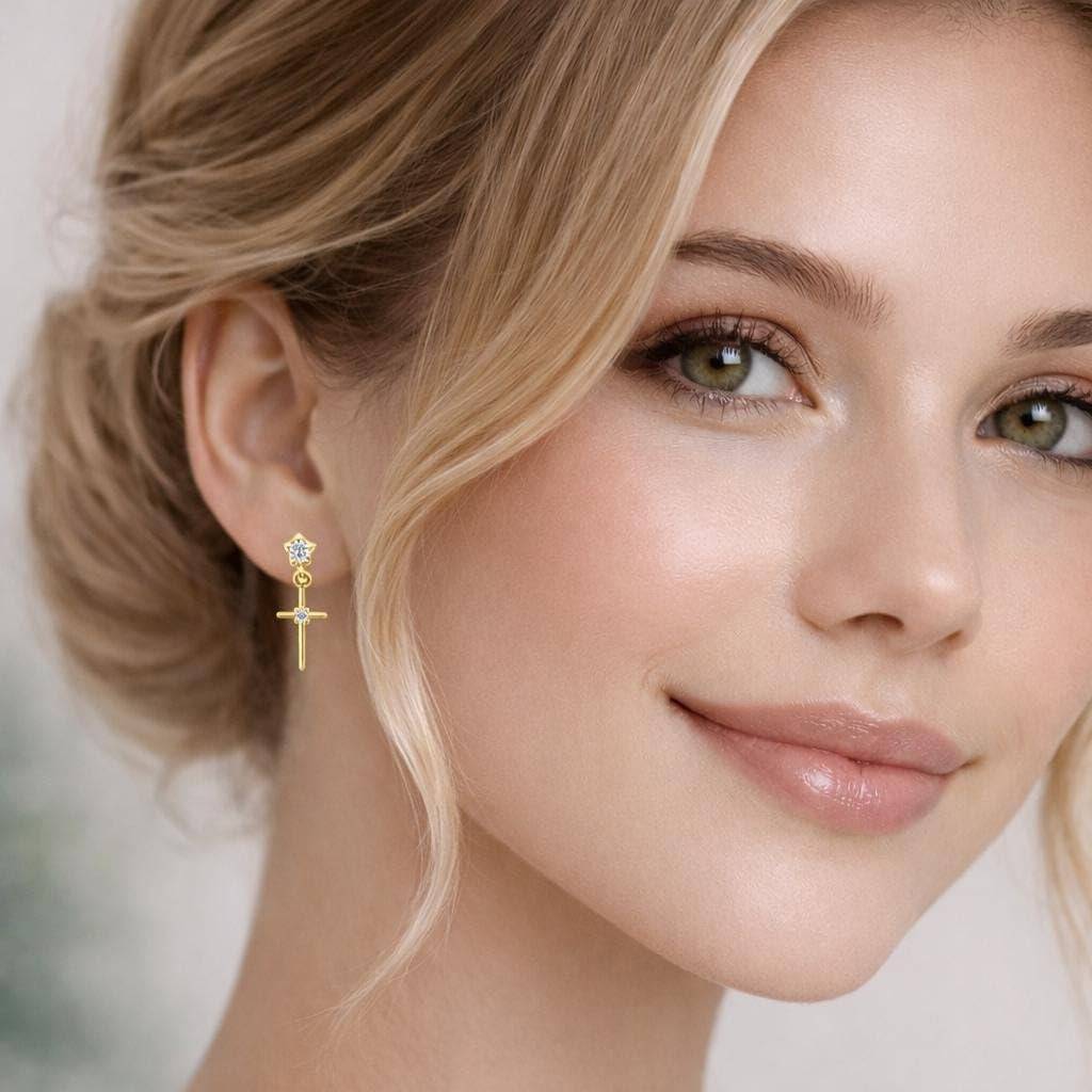 925 Silver Cross Cz Drop Earrings Gold Finish Religious : SE_001001