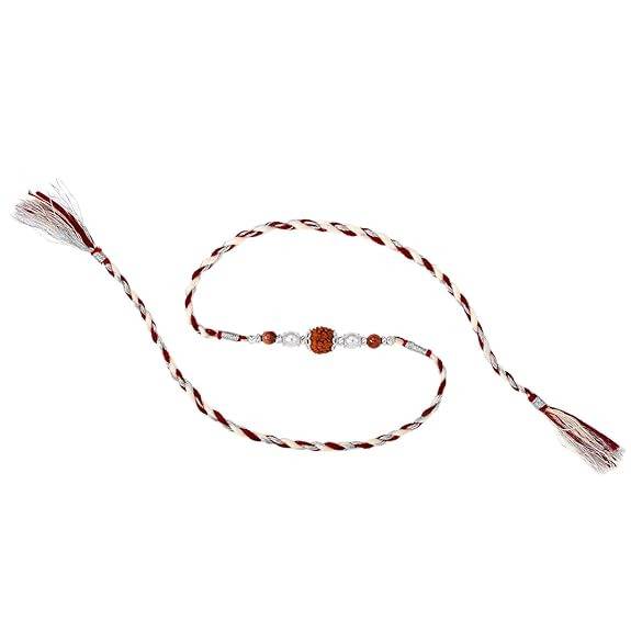 925 Sterling Silver Rudraksh & Pearl Rakhi For Brother Bhaiya Maroon & Cream Thread Raksha Bandhan Hamper With Roli C : R18S08