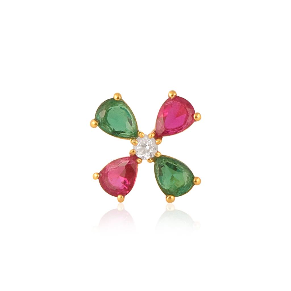 Red & Green Cz Floral Design Nose Pin - Sterling Silver Gold Plated : NP00086_925S_YG
