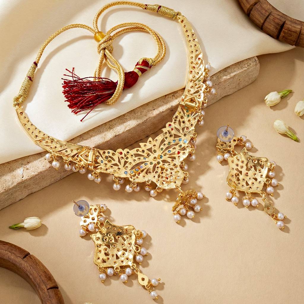 Gold Plated Necklace Set With Earrings | Multicolor Stone & Pearl Drops Traditional Bridal Jewellery For Women : 924-CSN-C575-MT