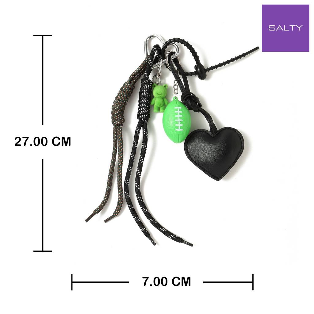 Green Rugby Teddy & Black Heart Bag Charm : C-BG-0007-BK-GR