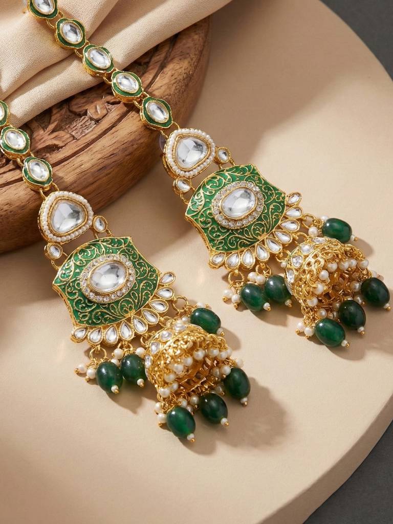 Traditional Kundan White Stone Jewellery Set For Women | Green Meenakari Gold Plated  Ethnic Necklace Set Wi : 4125-IZR-2414-G