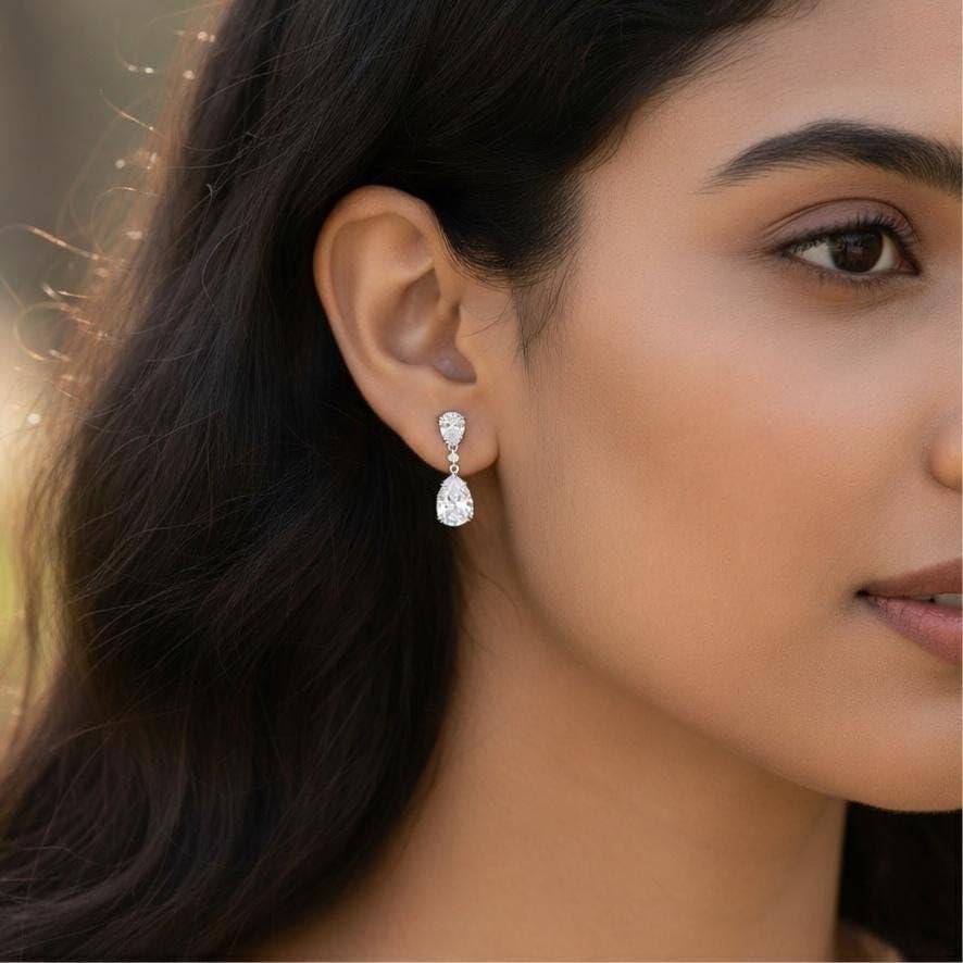 925 Silver Teardrop Cz Drop Earrings Pear Shape : SE_000974