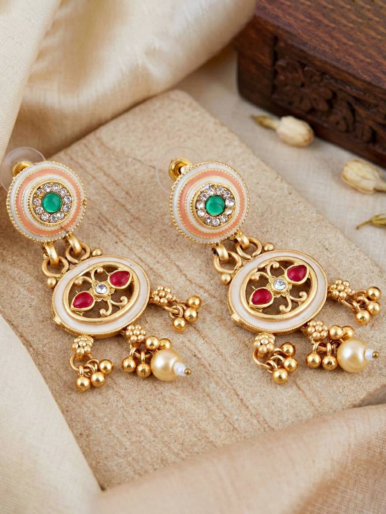 Gold-Plated Meenakari  Red & Green Stone Traditional Necklace Set With Earrings For Women | Ethnic Wedding  : 580-G2SR-260-WRG