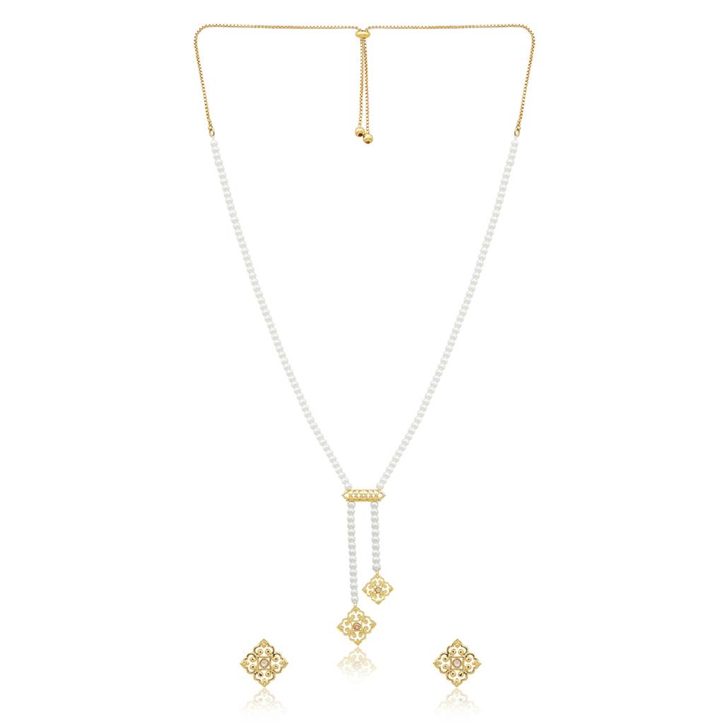 Noor Gold Plated American Diamond Tassel Short Necklace Set With Stud Earrings : 8905124587791