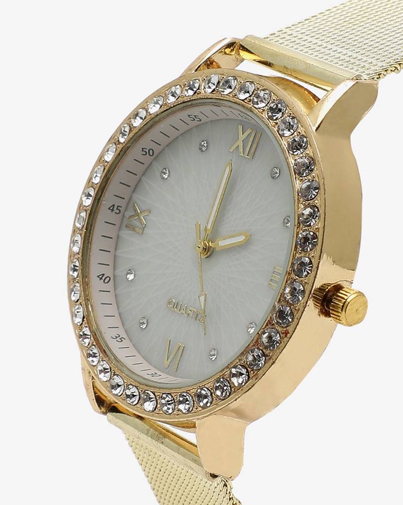 White & Gold Analog Round Dial With Crystal Stones & Gold Metal Strap : HSWC1003