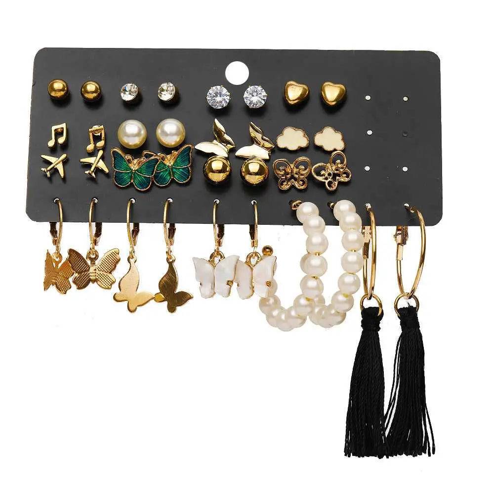 Set Of 17 Bohemian Long Tassel Drop Statement Earrings And Studs : EC170096