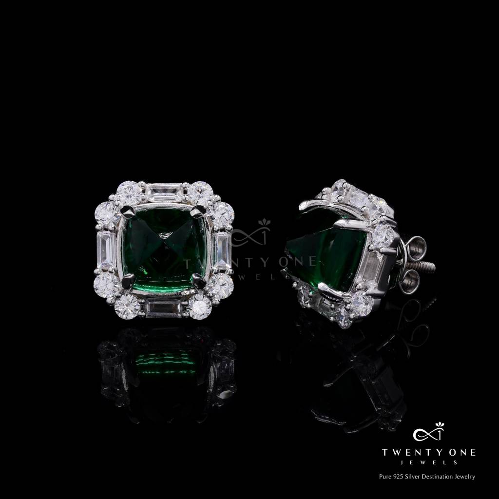 Ultra Premium Emerald Cabochon And Diamond Statement Party Stud Earrings With Premium Screw Backs On Pure 925 Silver : TE2217_2