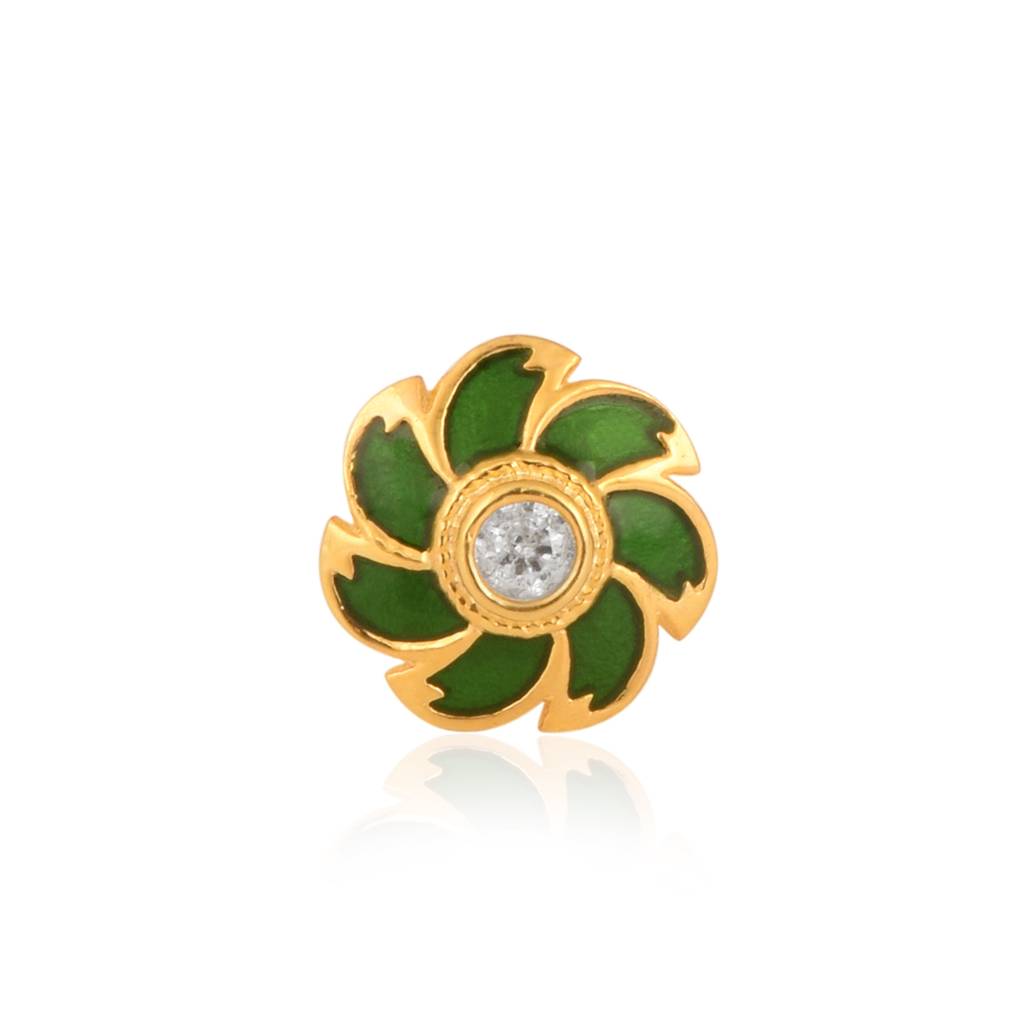 Enamel Floral Nose Pin - Sterling Silver Gold Plated : NP-00033_925S_YG_WCZ_GREEN